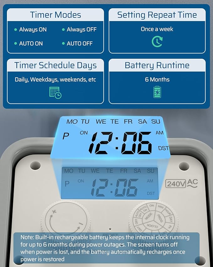 DEWENWILS Outdoor Digital Pool Pump Timer, 3HP 40A 240VAC, 7-Day 12 ON/Off Programmable Timer Switch for Pool Pump, Water Heater, Pool Filter, Landscape Lights, ETL Listed