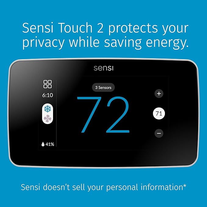 Sensi Touch 2 Smart Thermostat with Touchscreen Color Display, 100 Years of Expertise, Programmable, Wi-Fi, Data Privacy, Easy DIY, Works with Alexa, Energy Star Certified, ST76W, C-Wire Required