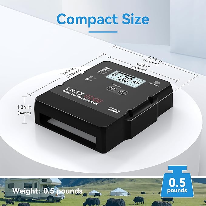 LNEX Solar Charge Controller with Flush Mount Design, 6 Stage Charging with LCD Display 12V/24V Auto PWM Controller 30A for LiFePO4, AGM, Gel, Flooded and Lithium Battery