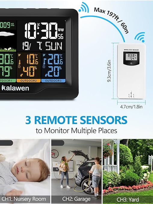 Kalawen Weather Station Wireless Indoor Outdoor Thermometer Digital with Atomic Clock, Barometric Pressure, Forecast Station with USB Port Thermometer Wireless Humidity Barometer Monitor