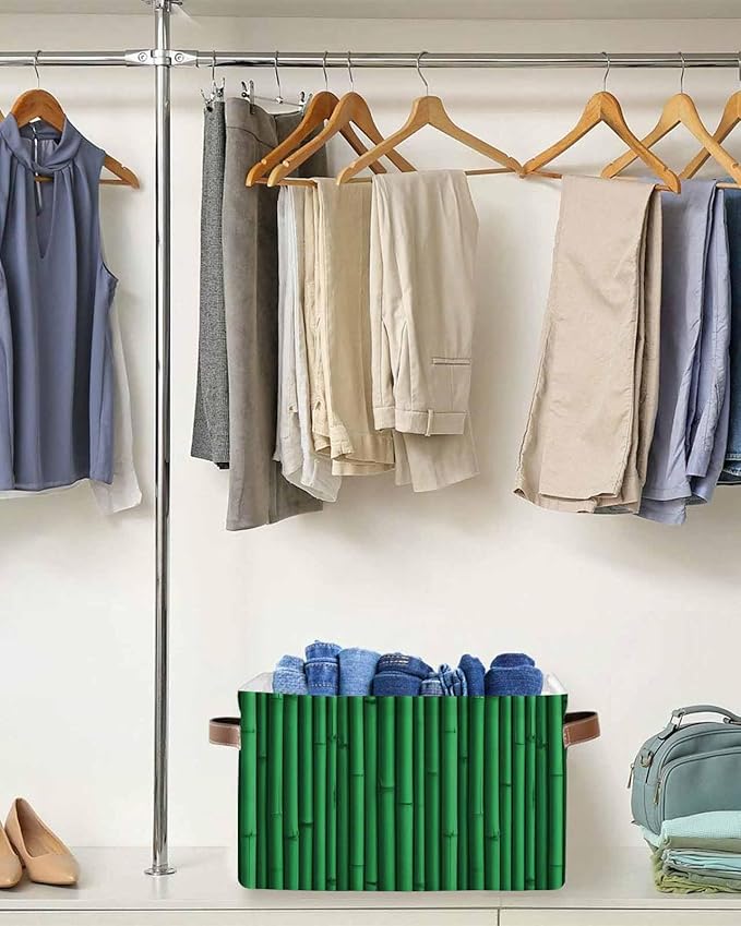 Retro Green Storage Bins Cubes Waterproof Cloth Storage Basket,Vintage Rustic Plants Trees Lines Pattern Foldable Storage Bags for Shelf Clothes Storages Organizers with Handles 15x11x9.5 in 2PCS