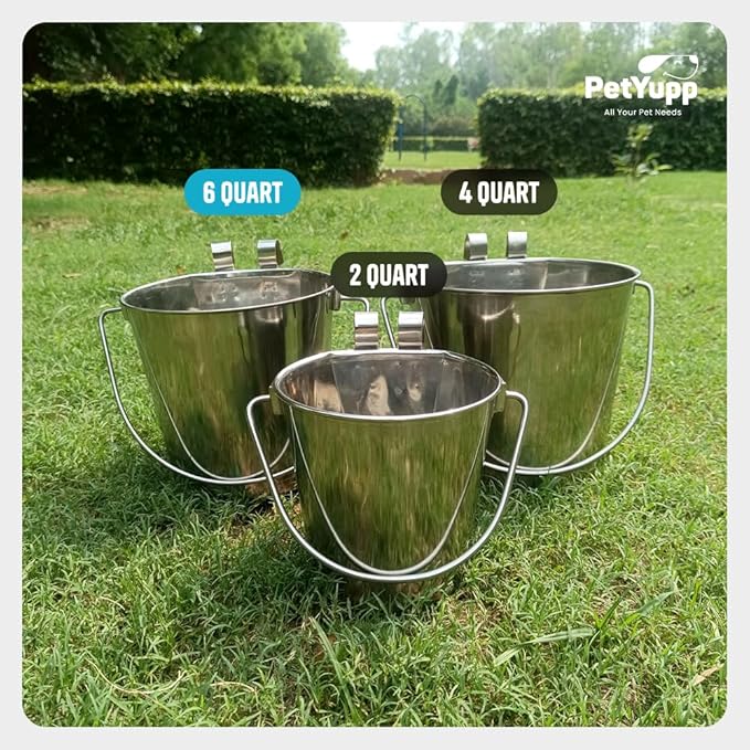 1.5 Gallon Stainless Steel Bucket - Heavy Duty Flat-Side Metal Bucket for Pets & Livestock Feeding - Rust Resistant Water Bucket with Hooks for Kennels, Cages, Crates & Fences - 6 Quart