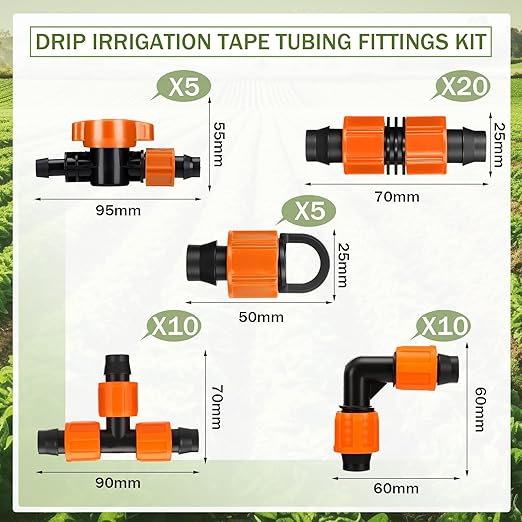 Tondiamo 50 Pcs Garden 5/8" Drip Irrigation Tape Tubing Fittings Kit Include Connector, Tee Coupling, Elbows, End Cap, On/Off Valve Barb for Most 16-17 mm Tubing Irrigation System (Orange)