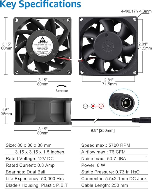 GDSTIME 80mm x 38mm Small Computer Fan with AC Plug, 120V 110V AC Powered Variable Speed Controller for DIY Cooling Ventilation Exhaust Projects