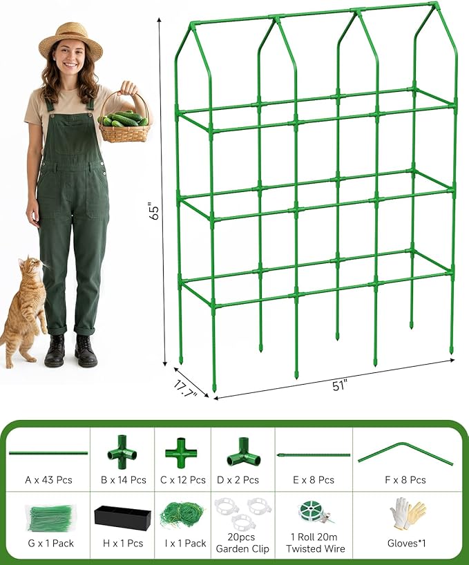 65" Cucumber Planter with Trellis for Climbing Plants Outdoor, Metal Garden Trellis for Raised Bed, Plant Support Structures with Netting for Cucumbers Tomatoes Beans Peas (50 * 17 * 65inch(L*W*H)