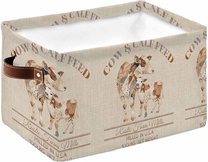 Beige Farm Animals Storage Bins Cubes Waterproof Cloth Storage Basket, Vintage Cow Farmhouse Foldable Storage Bags for Shelf Closet Clothes Storages Organizers with Handles 15x11x9.5 in 1PCS