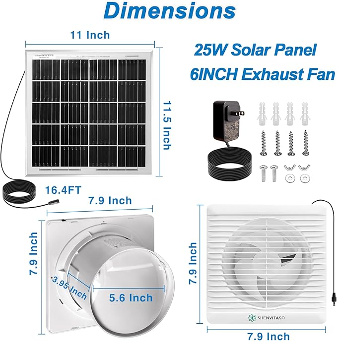 Solar Exhaust Fan with Power Adapter, 6 Inch Solar Powered Exhaust Ventilation Fan, Quiet Brushless Solar Vent Fan with 25W Solar Panel, Anti‑Backflow Valve for Chicken Coop, Shed, Greenhouse