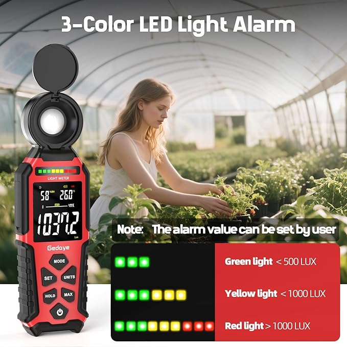 Light Meter Lux Foot Candles Meter 0~400,000 Lux Range, Large Backlit Display, Light Meter for Plants Luxmeter Light Meter Digital Illuminance Meter Handheld