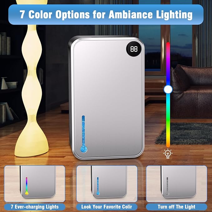 Dehumidifier, 95OZ Dehumidifiers for Home 1000 Sq.Ft, Quiet with Auto Shut Off, Humidity Display Dehumidifier for Bedroom/Bathroom, Timer, Drain Hose, 7-color LED light, Moisture Absorbers (Grey)