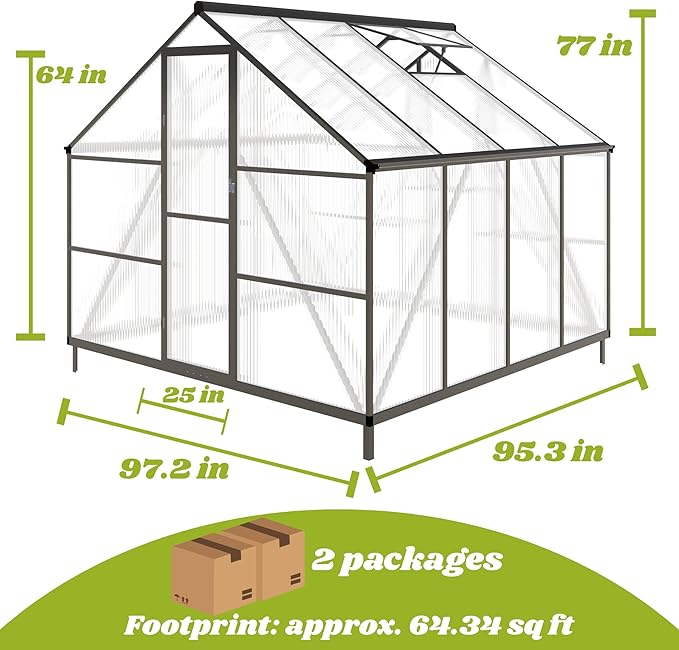 8x8 FT Greenhouses for Outdoors, Polycarbonate Greenhouse with PC Panels, Greenhouses for Outdoors for Yard, Garden, Hobby, Charcoal Black