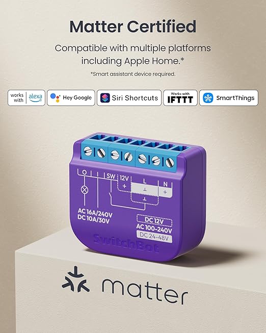 SwitchBot WiFi Switch Compatible with Alexa/Apple Home/Google Home/Matter (Hub Required), Power-Measuring Relay Switch Module with Integrated Bluetooth Repeater and Dry Contact, 2.4 GHz, 16 A