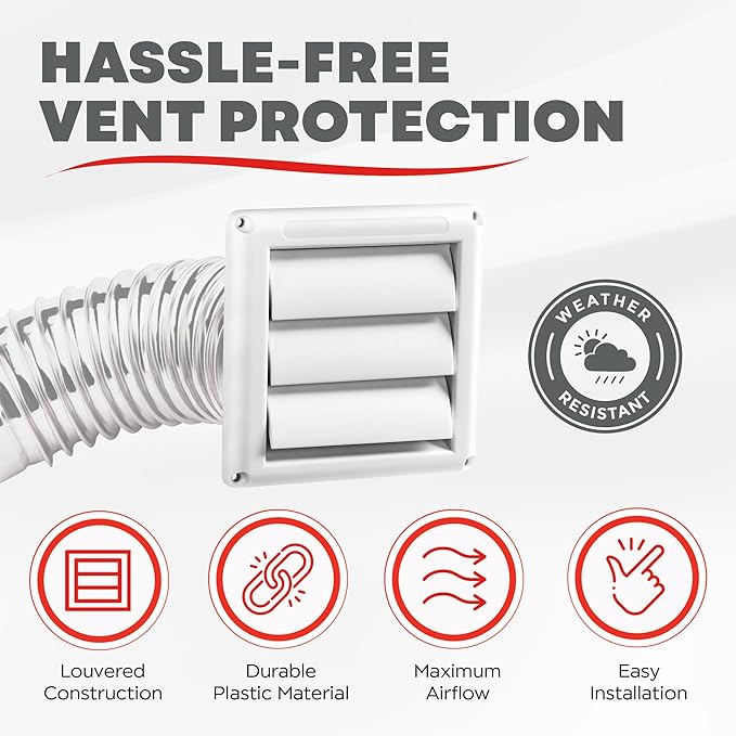 Deflecto Supurr-Vent 4” Outdoor Dryer Vent Cover White Louvered Wall Hood with Gravity Damper for Backdraft Prevention, Fits Standard 4” Dryer Exhaust Pipe, Weather & UV-Resistant, Durable 6"x6" Face