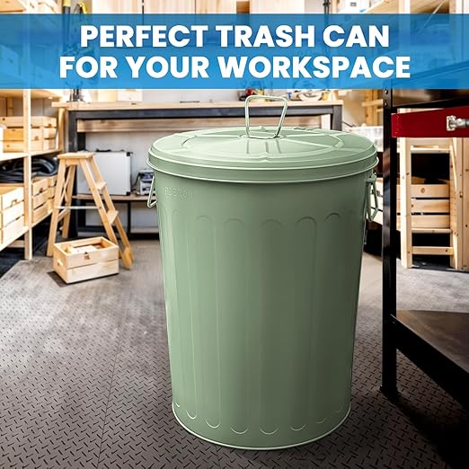 Plexon 20 Gallon Metal Trash Can with Lid Outdoor Large Trash Bin Steel Garbage Can for Garage Patio Farmhouse Bucket Bird Seed Storage Can Heavy Duty Round Container, Green 6 Pack