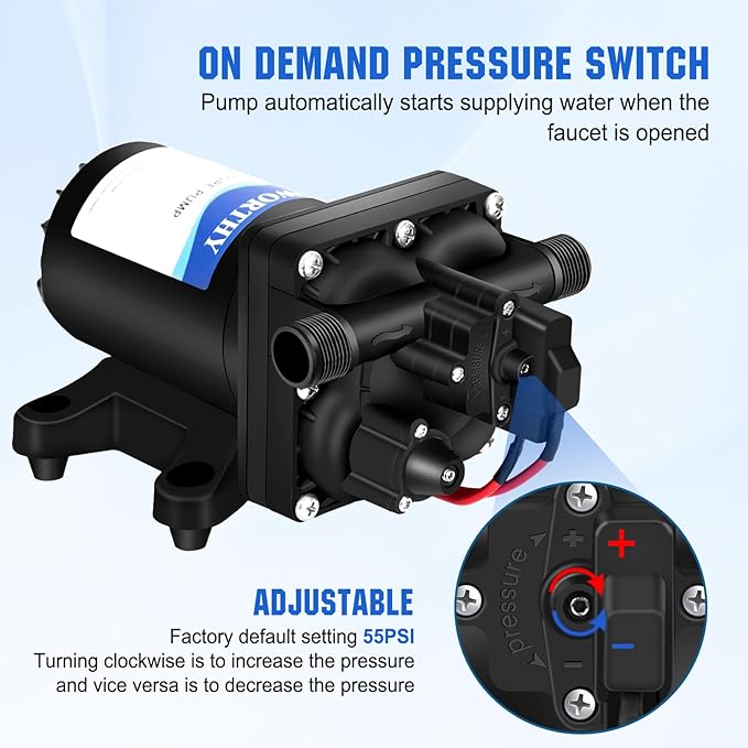 ECO-WORTHY 12V RV Water Pump, 3.5 GPM, 55 PSI, Self Priming Water Pump with Pressure Switch, 4-Chamber Fresh Water Pump for Boat Marine Camper Truck Shower Sprayer