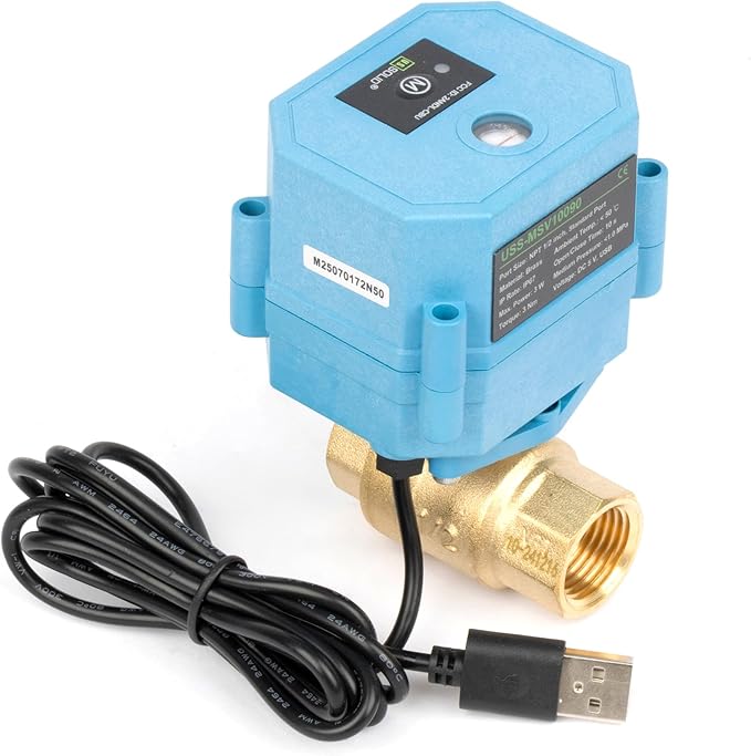 U.S. Solid WiFi Smart Motorized Ball Valve 1/2 inch NPT for Water Control & Irrigation, 2 Way Brass Electric Valve, USB Powered, LED Status Indicator, Flow Direction Window, Remote On/Off Control