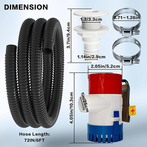 1100GPH 12V Boat Bilge Water Pump, 1-1/8" 6FT Kink-Resistant Bilge Pump Hose, ABS Thru-Hull Fitting, 2PCS Stainless Steel Clamps for Boat Marine