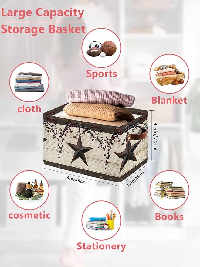Texas Star Brown Storage Bins Cubes Waterproof Cloth Storage Basket, Farmhouse Berry Wooden Vintage Foldable Storage Bags for Shelf Closet Clothes Storages Organizers with Handles 15x11x9.5 in 2PCS