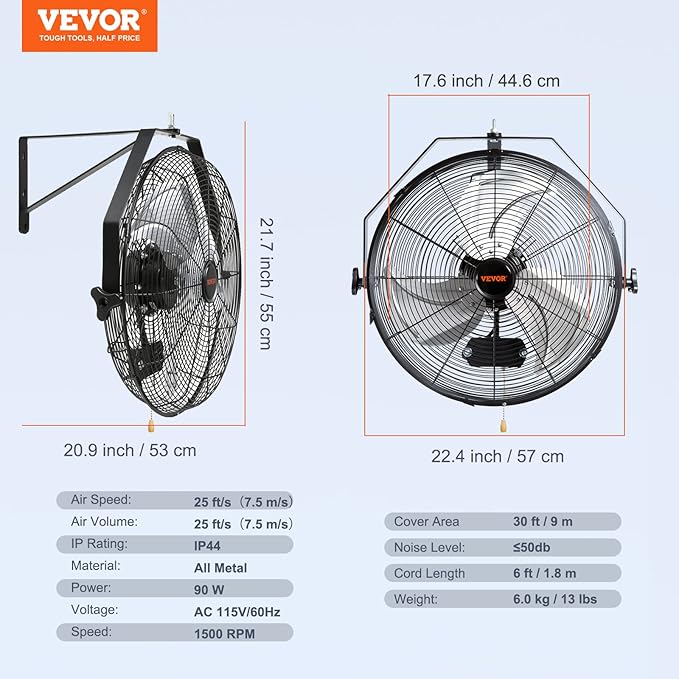 VEVOR 18 Inch Wall Mount Fan, 3-speed IP44 Waterproof Fan, Max. 4150 CFM Wall Mounted for Outdoor, Commercial, Residential, Greenhouse, Workshop, Patio, Black, ETL Listed