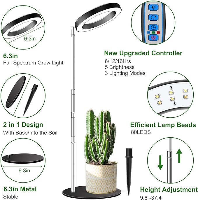 Aokrean Grow Lights for Indoor Plants Full Spectrum, 80 LEDs Plant Light for Indoor Plants, Height Adjustable 6.3in Desktop Growing Lamp with Auto Timer 6/12/16Hrs, 3 Optional Spectrums,5 Brightness