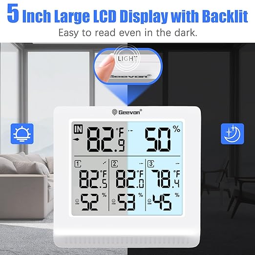 Geevon Indoor Outdoor Thermometer Wireless with 3 Remote Sensors, Digital Hygrometer Thermometer, Temperature Gauge Humidity Monitor with Backlight, 200FT/60M Transmission Range