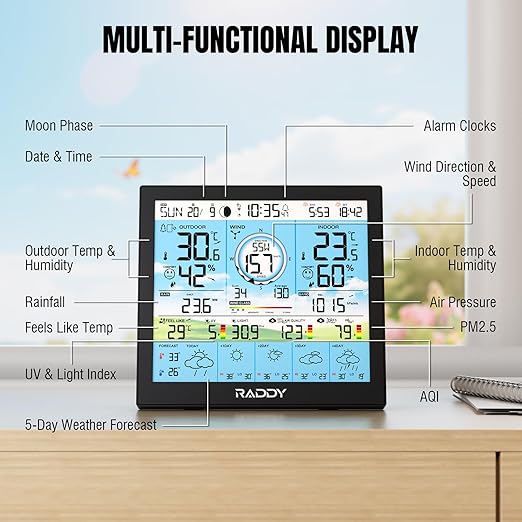 Raddy WF-120P Professional Wi-Fi Weather Station with App Control, 10″ HTN Color Display, Indoor/Outdoor Temp & Humidity, UV & Light Index, PM2.5 AQI, 5-Day Forecast, 7-in-1 Outdoor Sensor for Farm