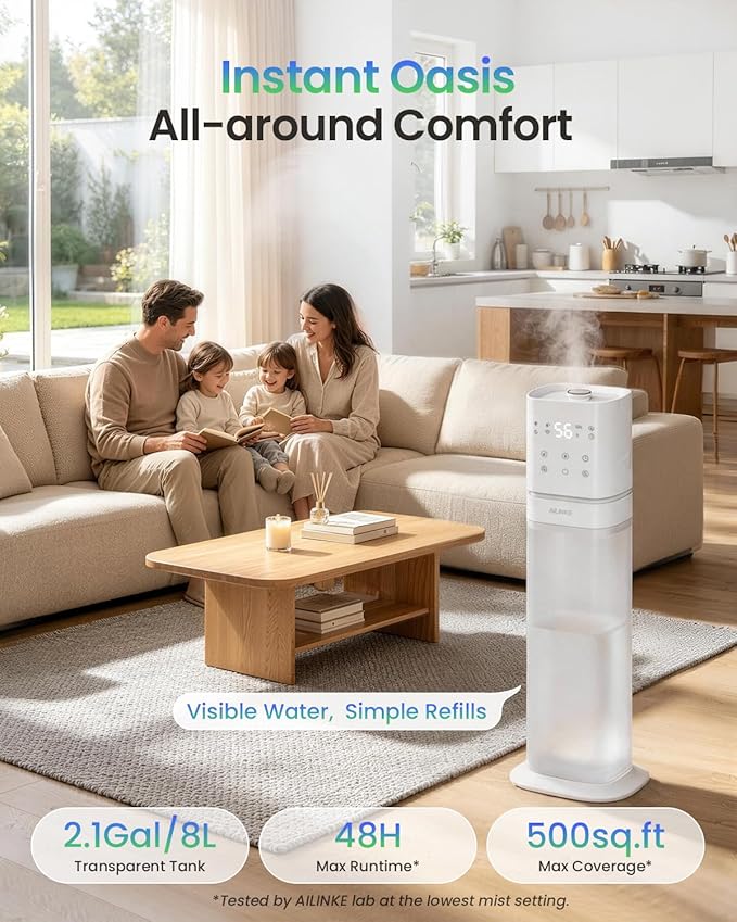 Humidifiers for Bedroom 2.1Gal/8L, Smart Humidifier for Large Room, Cool Mist Humidifiers for Home Kids Plants, Top Fill Humidifier with Extension Tube, WIFI APP & Voice Control, White