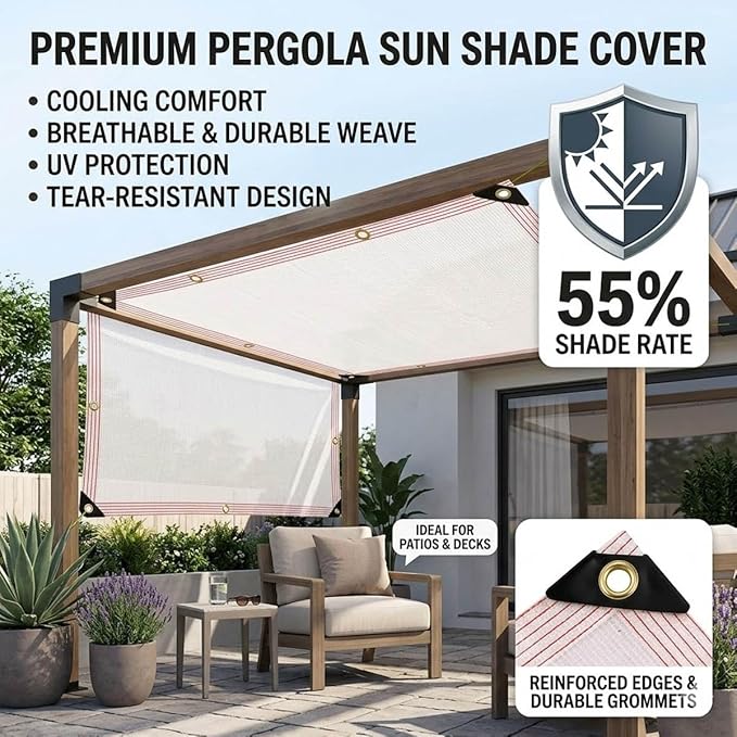 White Shade Cloth for Garden, 55% Percent Outdoor Shade Net HDPE Edge, Heavy Duty Fence Privacy Screen Cover with Grommets, Breathable Fabric Mesh Tarp, for Greenhouse Plants Patio(6x56ft)