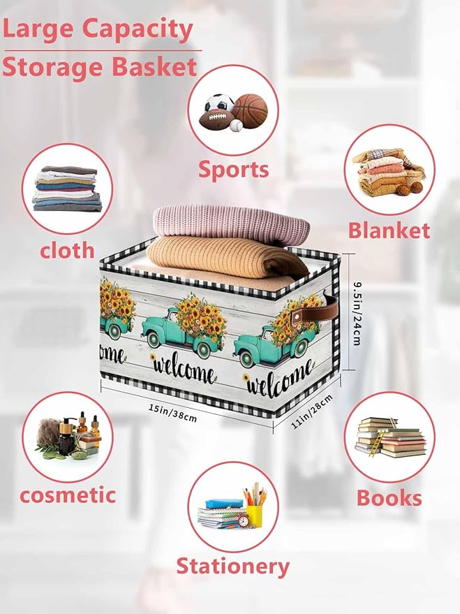 Country Sunflowers Storage Bins Cubes Waterproof Cloth Storage Basket, Welcome Rustic Truck Floral Farm Wooden Foldable Storage Bags for Shelf Closet Clothes Organizers with Handles 15x11x9.5 in 1PCS
