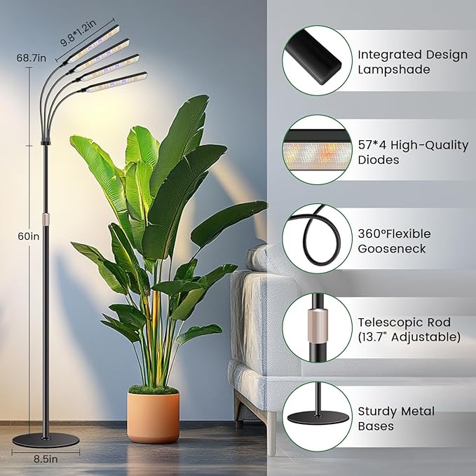 Kullsinss Grow Lights for Indoor Plants with Stand, 4-Heads Full Specturm Plant Grow Light with 4/8/12/16H Timer, 3 Color Modes, 360° Flexible Gooseneck, 24-68.7in Hight Adjustable Grow Lamp, Black