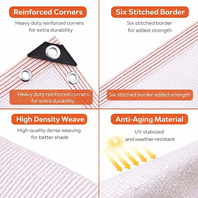 50% White Sun Shade Cloth for Garden Plants, Heavy Duty Outdoor Shade Net Mesh Tarp with Grommets, Breathable Fabric Canopy Privacy Fence Screen for Greenhouse Patio Pergola Yard(20x30ft)