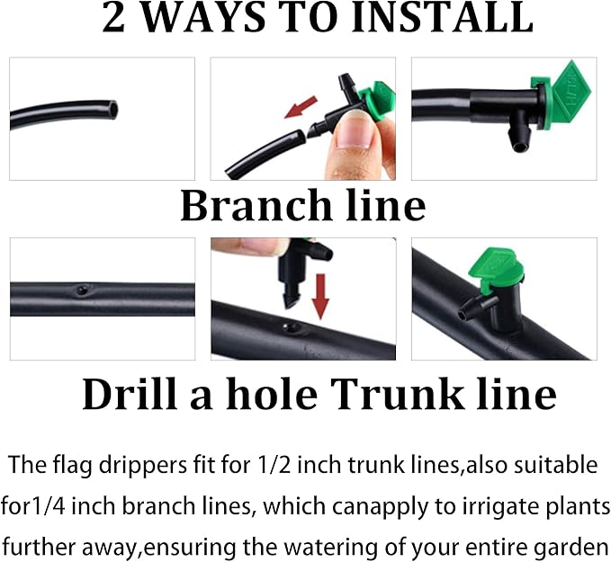 80Pcs 4GPH Drip Emitter Garden Flag Irrigation Drippers, 16L/H Sprinkler System Parts for 4/7mm Tubing, Adjustable Flow for Trees, Shrubs, Lawn, Vegetable Gardens, Green