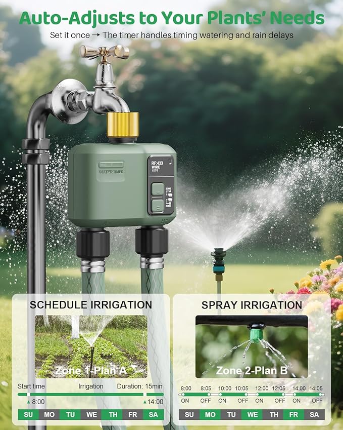 WiFi Water Timer 2 Zone for Garden Hose, Smart Sprinkler Timer with 984ft RF Range, Brass Water Inlet, APP/Voice Control, Rain Delay, Automatic/Manual Irrigation