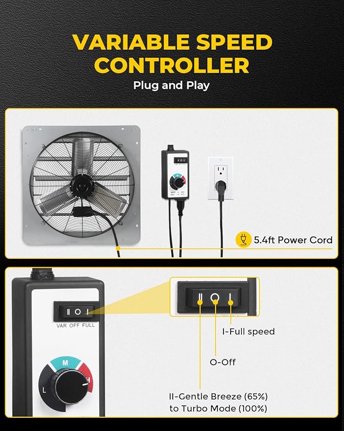 VENTISOL 24 Inch Shutter Exhaust Fan, Ven Fan with Power Cord & Variable Speed Controller Wall Mount, High Speed 4200CFM for Garages, Attic, Shops, Greenhouse