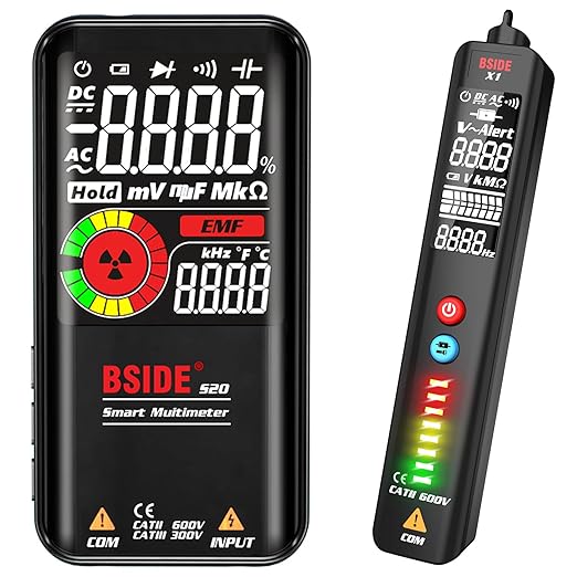 BSIDE Multimeter & Voltage Tester Kit, Rechargeable Color LCD EMF Detector and EBTN Display AC Voltage Detector Combo Electrical Test Kit, Black, Rechargeable S20