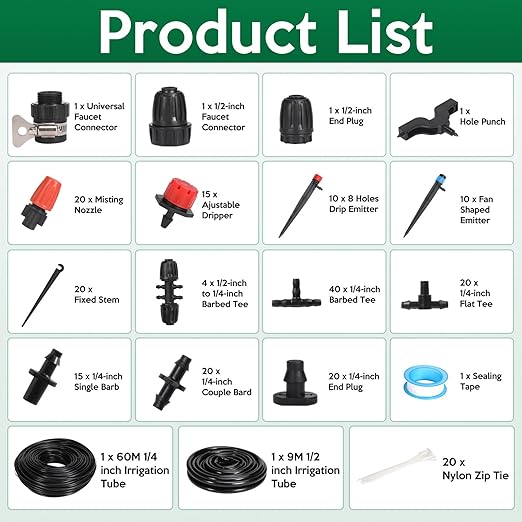 230FT Drip Irrigation Kit-221pcs Quick Connector Garden Watering System- Irrigation System Patio Misting Plant Watering System -1/4 inch 1/2 inch Irrigation Tubing Hose Adjustable Nozzle