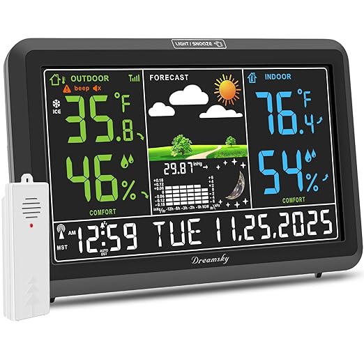 DreamSky Weather Station Indoor Outdoor Thermometer Wireless with Digital Atomic Clock for Home, Large Display with Dimmer, USB Port, Inside Outside Temperature Humidity Monitor (Plug-in)