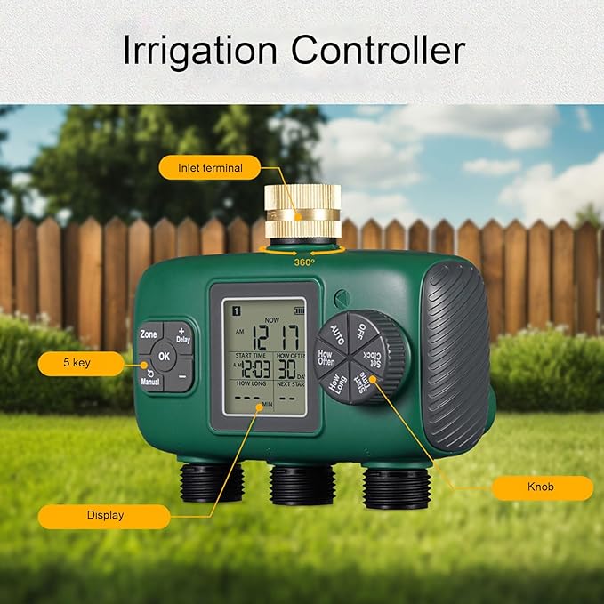 3 Outlet Sprinkler Timer Professional Grade Brass Construction LCD Display Irrigation Controller with Multiple Programs Child Lock Feature for Lawn Garden Yard Watering Sys