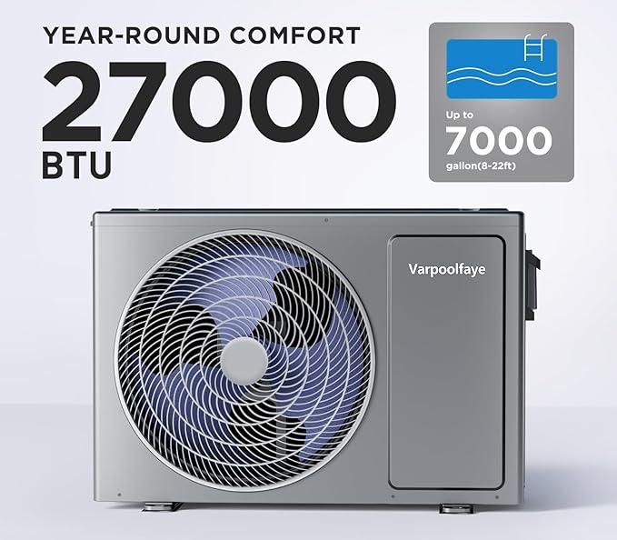 27000 BTU Swimming Pool Heat Pump Electric Above Ground Pool Heater 120V 7000 Gallon Heating or Cooling WiFi Control Schedule
