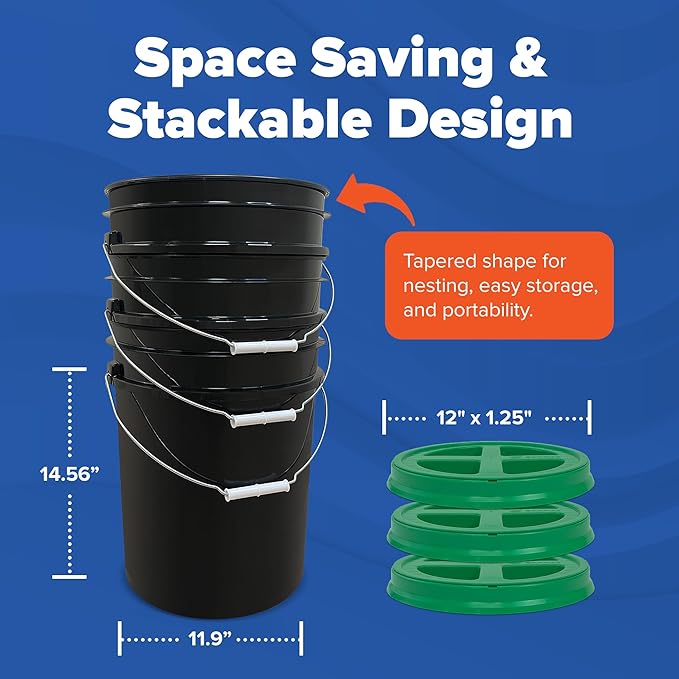 ePackageSupply 5 Gallon Bucket - Food Grade Bucket with Airtight Gamma Seal Screw-On Lid, BPA-Free, Heavy-Duty 90 Mil HDPE Plastic, Bulk Storage, Durable Container, Made in USA, Black/Green, 3 Packs