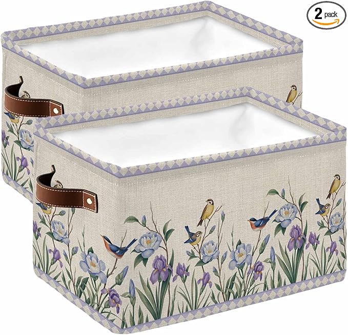 Spring Flowers Storage Bins Cubes Waterproof Cloth Storage Basket,Vintage Floral Leaves Birds Farmhouse Plaid Foldable Storage Bags for Shelf Clothes Storages Organizers with Handles 15x11x9.5 in 2PCS