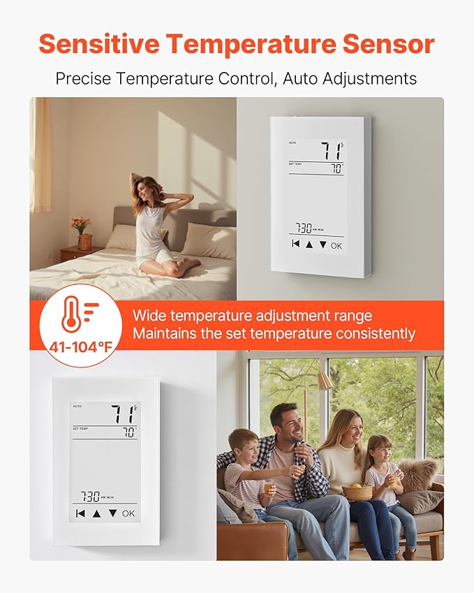 VEVOR 7-Day Programmable Thermostat Gray-White (Without WiFi) - for Radiant Underfloor Heating Cable & Heat Pump, GFCI & Sensitive Sensor, LCD Touchscreen, Energy-Efficient
