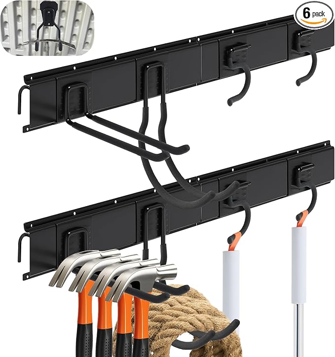 6 Pack Shed Tool Hooks Organizer Wall Mounted 32" Adjustable Storage Shed Accessories Double Straight Large Curved Mop Hook Metal for Large Small Tools Yard Gardening Rack Shovel Broom