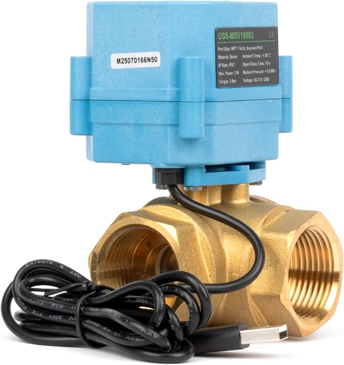 U.S. Solid WiFi Smart Motorized Ball Valve 1 inch NPT for Water Control & Irrigation, 3 Way Brass Electric Valve, USB Powered, LED Status Indicator, Flow Direction Window, Remote On/Off Control