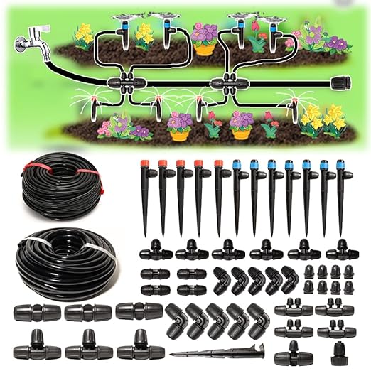 100Ft Drip Irrigation System Kit with Watering Kit Locked Fittings 360 Degree Micro Drip Sprayer Automatic Irrigation Equipment for Small Farm, Raised Bed 1/4 Inch 5/16 Inch Irrigation Tubing Hose