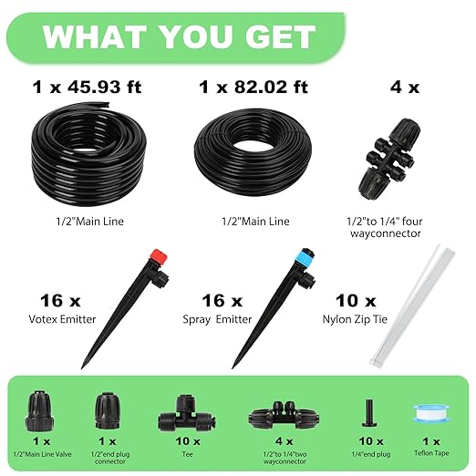 Drip Irrigation System – 2026 Upgraded Garden Watering System with 46FT 1/2'' Tubing, New Quick-Connect 1/4 inch Fittings Automatic Sprinkler for Garden Lawn Greenhouse Plant Flower Bed