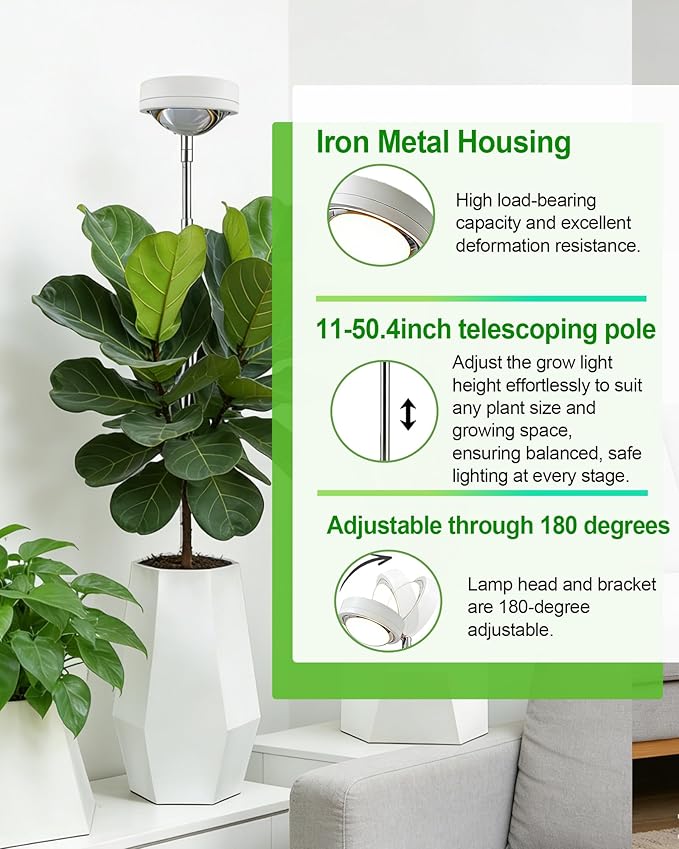 yadoker Plant Grow Light, LED Growing Light Full Spectrum for Indoor Plants,White Magnifying Glass Plant Lights,Height Adjustable, Automatic Timer, 5V Low Safe Voltage,Idea for Large