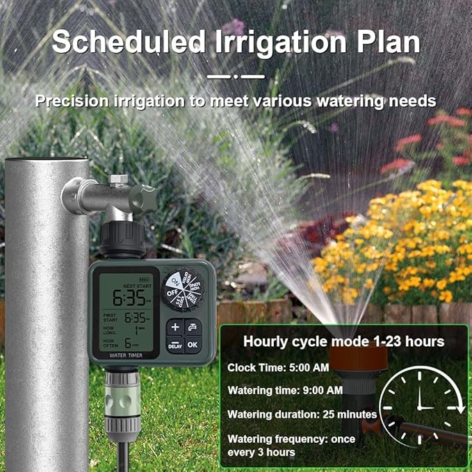 Water Timer for Outdoor Garden Hose Programmable Water Timer with Rain Delay/Manual/Automatic Watering System，Automatic Drip Irrigation Controller System for Lawn Yard Garden Watering，1 Outlet