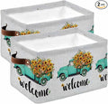 Country Sunflowers Storage Bins Cubes Waterproof Cloth Storage Basket, Welcome Rustic Truck Floral Farmhouse Foldable Storage Bags for Shelf Closet Clothes Organizers with Handles 15x11x9.5 in 2PCS