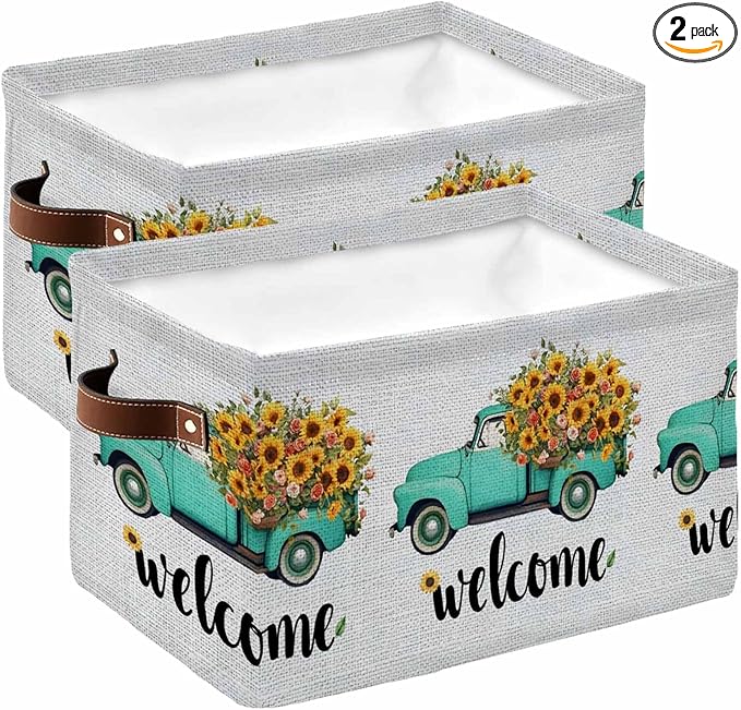 Country Sunflowers Storage Bins Cubes Waterproof Cloth Storage Basket, Welcome Rustic Truck Floral Farmhouse Foldable Storage Bags for Shelf Closet Clothes Organizers with Handles 15x11x9.5 in 2PCS