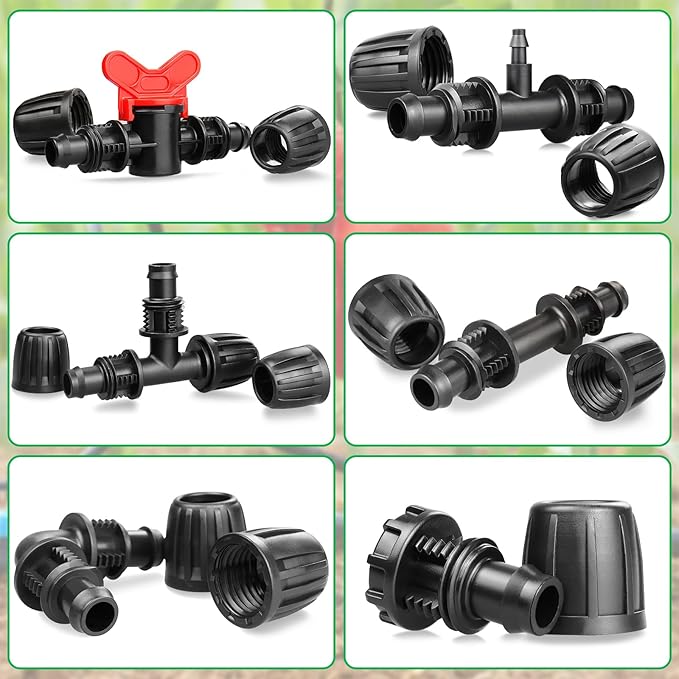 Gardrip Drip Irrigation Fittings Kit for 1/2 Inch Tubing：1/2'' Drip Line Anti-Drop Barbed Locked Nut Connectors 18 Pieces Set Include 4 Couplings 4 Tees 2 Elbows 3 Valves 3 Reducing Tee 2 Plugs